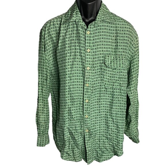 Vintage 90s Pacific Club Silk Button Down Shirt M Green Geometric Long Sleeves